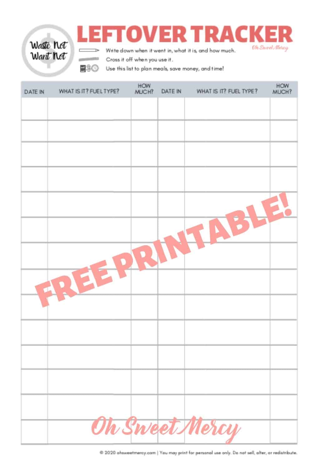 Printable Leftover Tracker - Stop Food Waste &amp; Save Money! - Oh Sweet Mercy