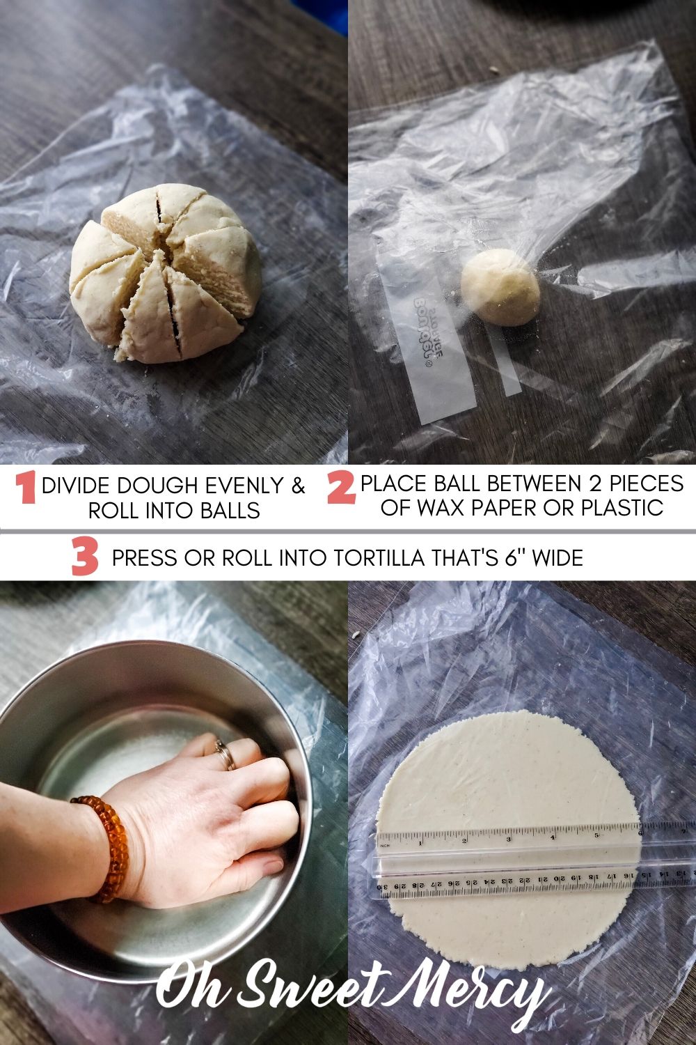 Divide dough into 16 balls, put ball between wax paper or plastic, press or roll into 6" tortilla