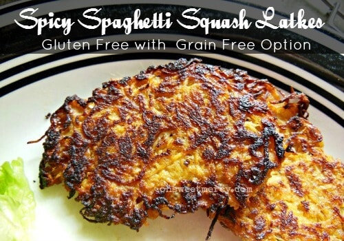 These Spicy Spaghetti Squash Latkes are good any time of year! Gluten free and Trim Healthy Mama friendly. #thm #spaghettisquash #recipes #lowcarb