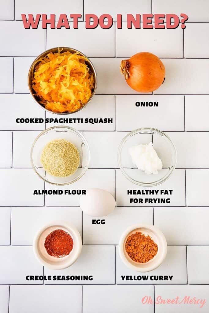 Spicy Spaghetti Squash Latkes ingredients: cooked spaghetti squash, onion, healthy fat for frying, egg, creole seasoning, yellow curry, almond flour