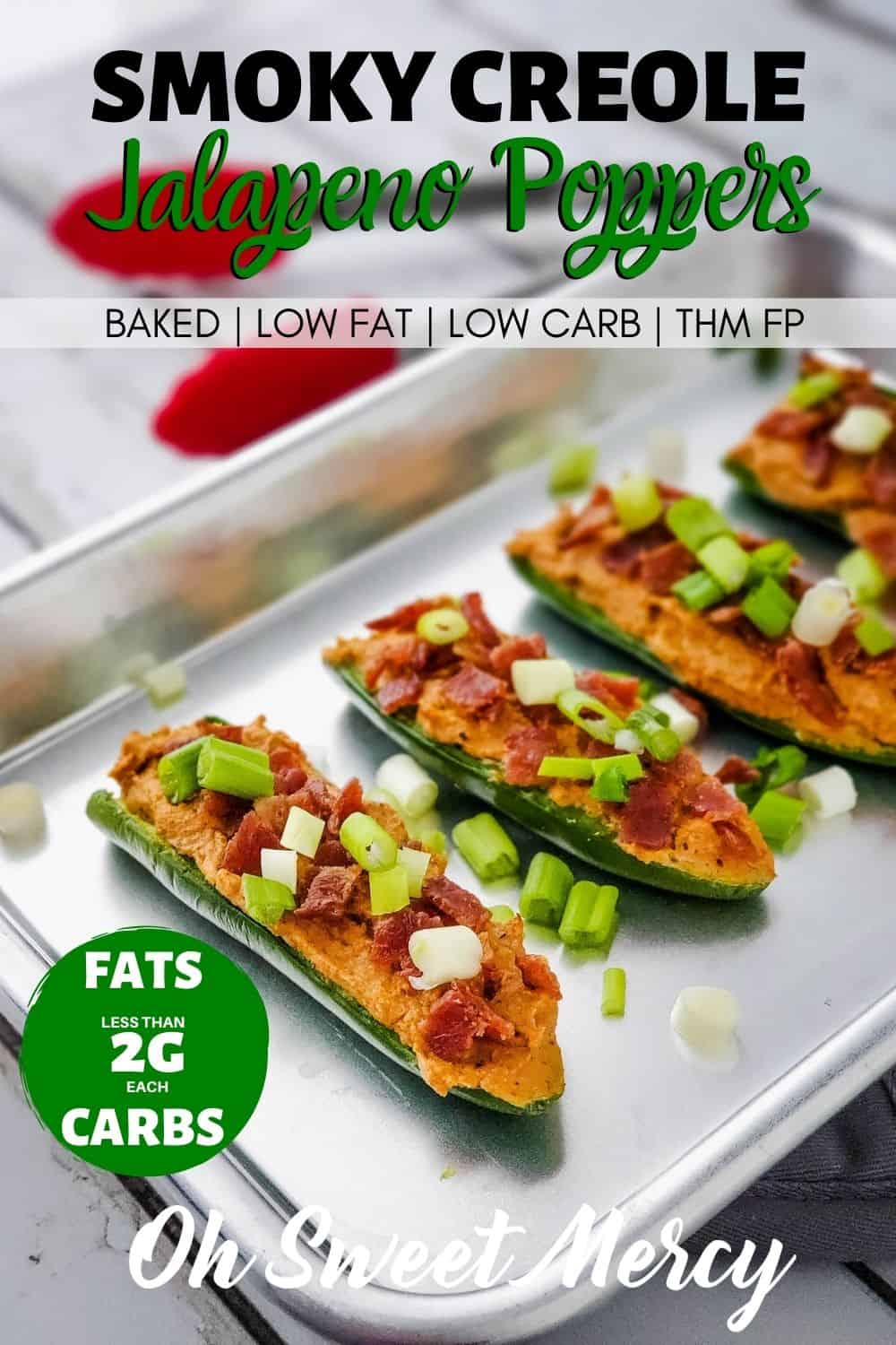Jalapeno poppers are so fun and delicious, but often so full of fats or carbs or both! Lighten up those spicy poppers with my Smoky Creole Baked Stuffed Jalapenos instead. Less than 2g each of fat and carbs, they make a terrific THM FP snack or appetizer. Or, have a few more for a lighter S option. #lowcarb #lowfat #thmfp #fuelpull #thmsnacks #appetizers @ohsweetmercy