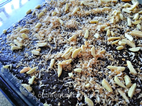 Flourless Chocolate Cake with Coconut Almond Topping | Oh Sweet Mercy #recipes #grainfree #sugarfree #THM #ohsweetmercy