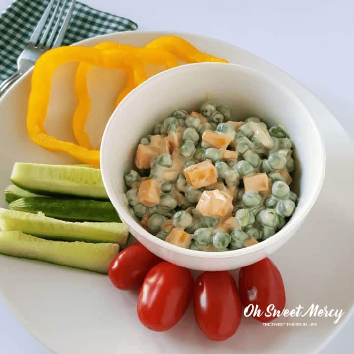 Easy Peasy Pea Salad is a great THM lunch or snack! Low carb and delicious. #thm #lunch #snacks