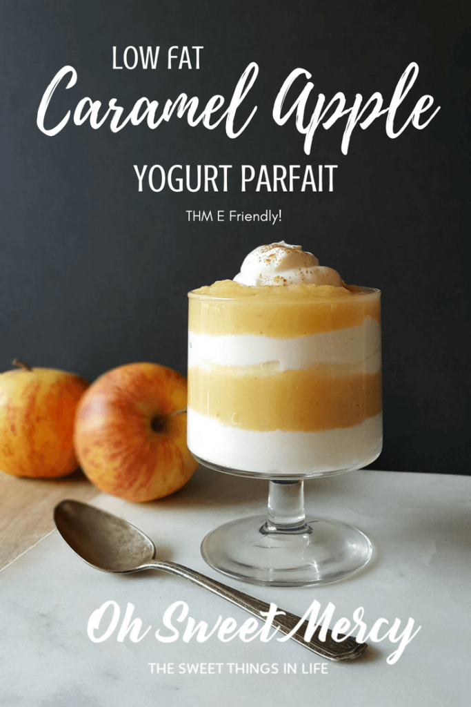 This Caramel Apple Yogurt Parfait makes a perfect THM E snack or dessert. #lowfat #fatfree #healthy #thm #recipes #ohsweetmercy