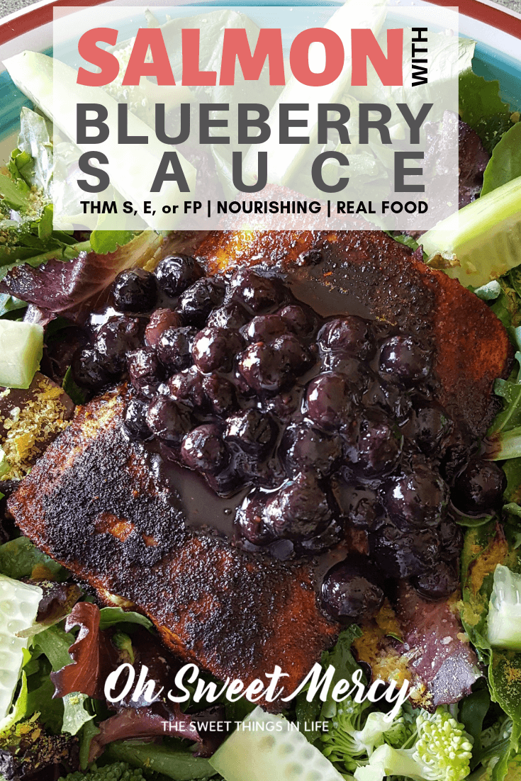 Salmon with Blueberry Sauce is a deeply nourishing dish that will make your brain happy! THM, low carb, keto friendly and all real food goodness. #lowcarb #thm #healthyfats #salmon