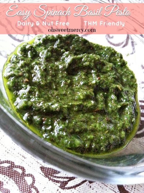 Easy Spinach Basil Pesto - Dairy and Nut Free | Oh Sweet Mercy #recipes #thm #herbs #pesto #ohsweetmercy
