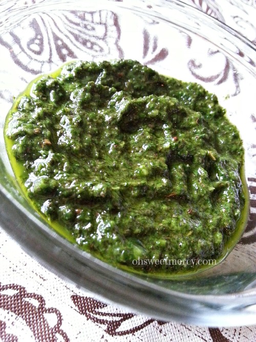 Easy Spinach Basil Pesto - Dairy and Nut Free | Oh Sweet Mercy #recipes #thm #herbs #pesto #ohsweetmercy