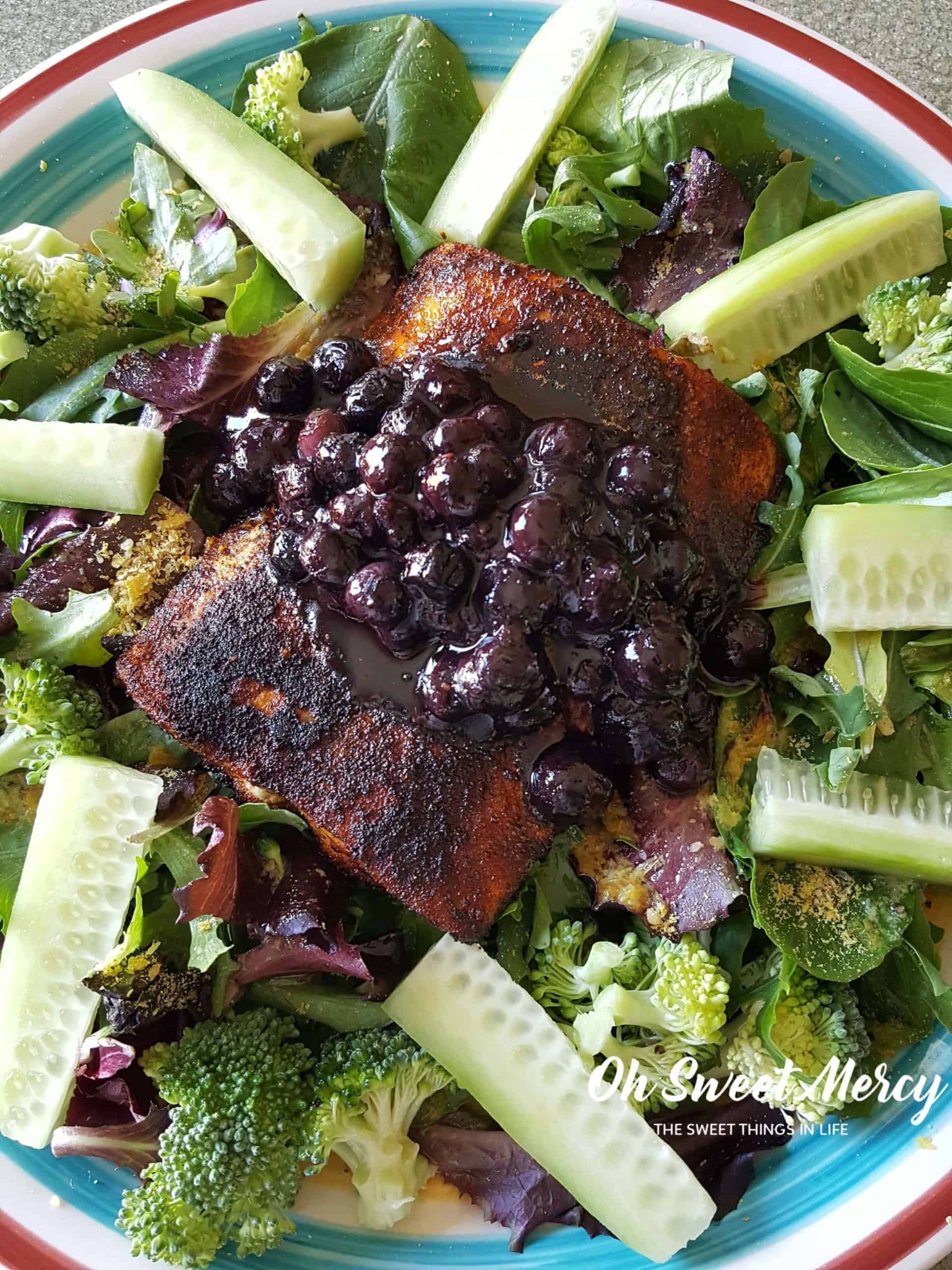 Salmon with Blueberry Sauce is a deeply nourishing dish that will make your brain happy! THM, low carb, keto friendly and all real food goodness. #lowcarb #thm #healthyfats #salmon