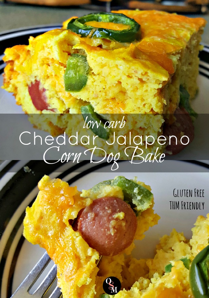 Great corn dog flavor without the carbs in this Low Carb Cheddar Jalapeno Corn Dog Bake. #thm #lowcarb #recipes