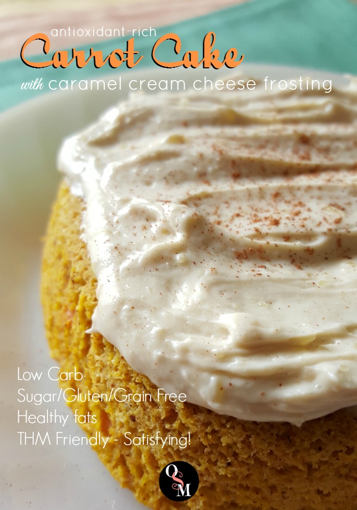 This scrumptious, antioxidant rich, low carb Carrot Cake with Caramel Cream Cheese Frosting is a perfect treat for the Trim Healthy Mama. #thm #lowcarb #cake #recipes