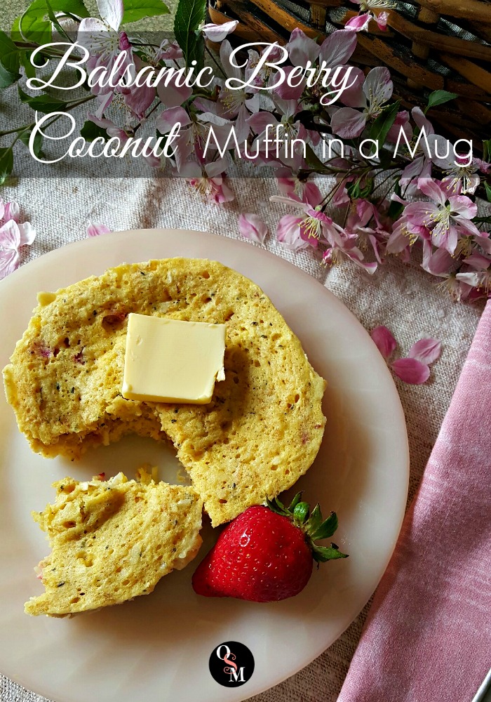 The simple trick in this Balsamic Berry Coconut Muffin in a Mug will make out-of-season strawberries taste more like freshly picked. #lowcarb #sugarfree #coconut #muffininamug #thm