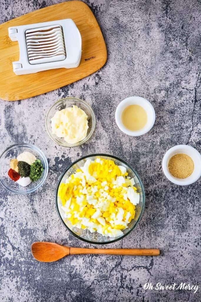 Ingredients for egg salad ready to mix