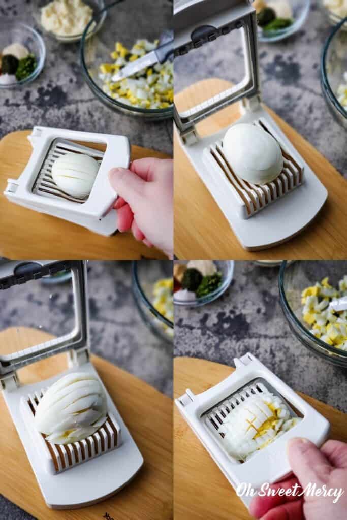 Using an egg slicer to dice hard cooked eggs.