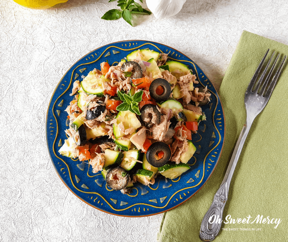 This Mediterranean Tuna Zucchini Salad is light, refreshing, and healthy. Perfect for THM, low carb, diabetic, and real food diets. Low carb, sugar free. Oh Sweet Mercy