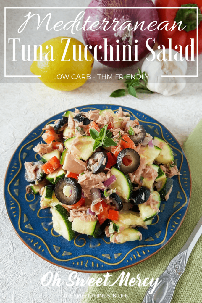 This Mediterranean Tuna Zucchini Salad is light, refreshing, and healthy. Perfect for THM, low carb, diabetic, and real food diets. Low carb, sugar free. Oh Sweet Mercy