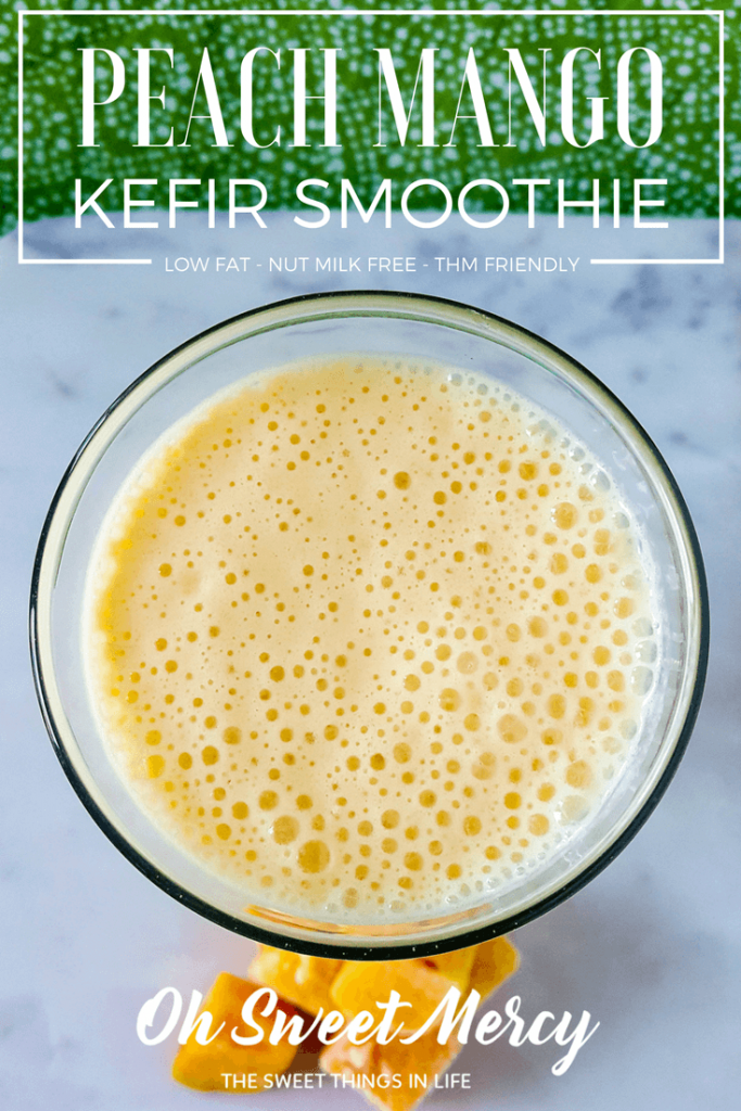 This refreshing Peach Mango Kefir Smoothie is packed with protein and probiotics, perfect for a busy morning. THM friendly, low fat, nut milk free. Oh Sweet Mercy
