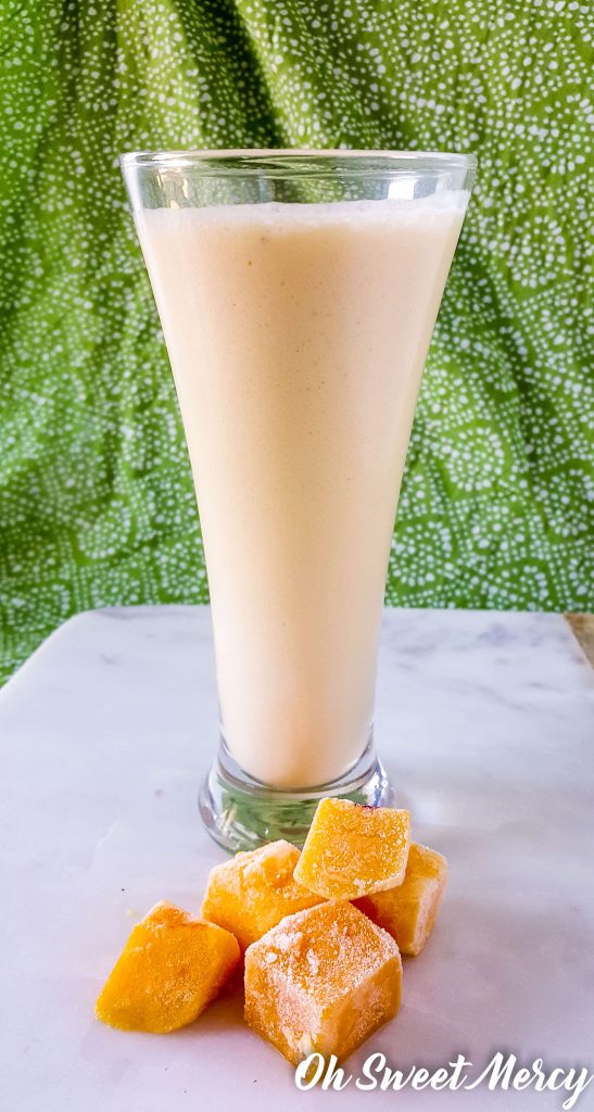 This refreshing Peach Mango Kefir Smoothie is packed with protein and probiotics, perfect for a busy morning. THM friendly, low fat, nut milk free. Oh Sweet Mercy