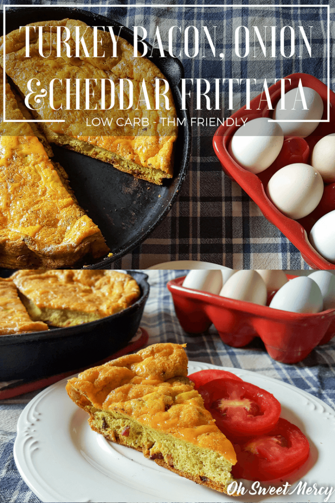 This easy Turkey Bacon, Onion, and Cheddar Frittata is high in protein, low in carbs, and simple to make. Great any time of day! Oh Sweet Mercy