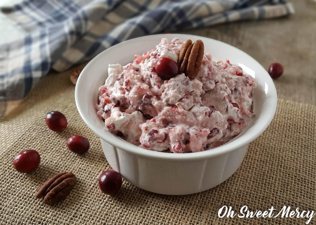 I modified my Aunt Kathy's Cranberry Salad to make it low carb and sugar free to fit the THM plan! Perfect for your holiday feasts. #lowcarb #sugarfree #thm #holidayrecipes #cranberrysalad