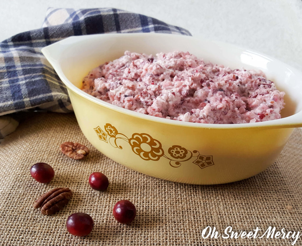 I modified my Aunt Kathy's Cranberry Salad to make it low carb and sugar free to fit the THM plan! Perfect for your holiday feasts. #lowcarb #sugarfree #thm #holidayrecipes #cranberrysalad