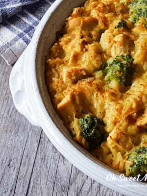 Dairy Free Cheesy Chicken, Broccoli, and Rice Bake is nourishing comfort food! A THM E friendly recipe using soaked oats and a special dairy free "cheesy" sauce. #dairyfree #nourishing #chicken #thm #recipes #comfortfood