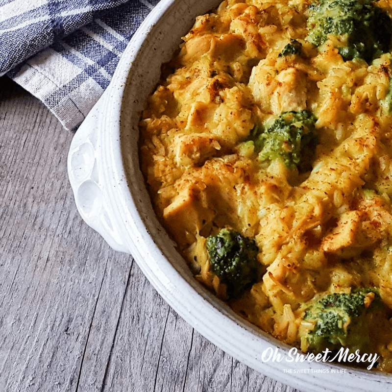 Dairy Free Cheesy Chicken, Broccoli, and Rice Bake is nourishing comfort food! A THM E friendly recipe using soaked oats and a special dairy free "cheesy" sauce. #dairyfree #nourishing #chicken #thm #recipes #comfortfood