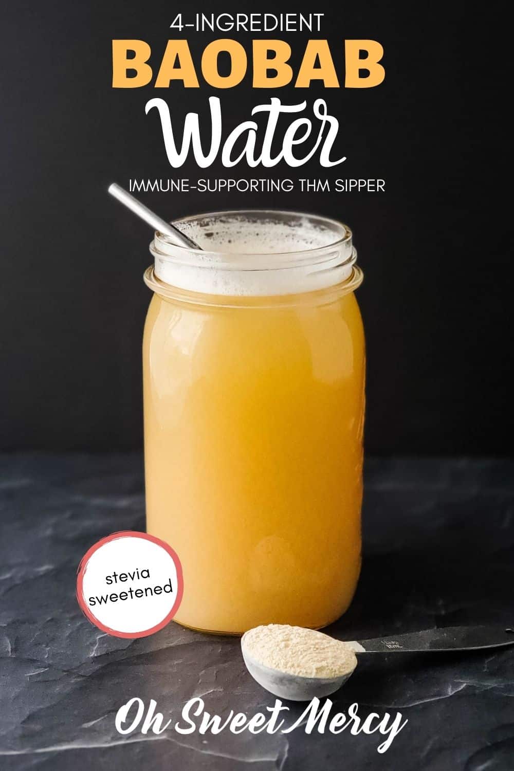 My super simple Baobab Water is made with just 4 ingredients and takes almost no time at all to make. Light, refreshing, citrusy baobab flavor plus immune-supporting nutrients makes this THM sipper one to have on your rotation all year long. #thmsippers #baobab #immunesupporting #sugarfree