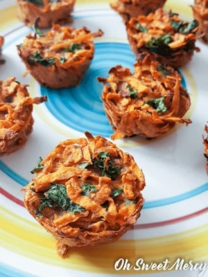 These low-fat Baked Sweet Potato Kale Tots are more than adorable! They are flavorful and nutritious and make a great THM E side dish to go with your lean protein and non-starchies! #lowfat #glutenfree #thm #thmE #healthycarbs