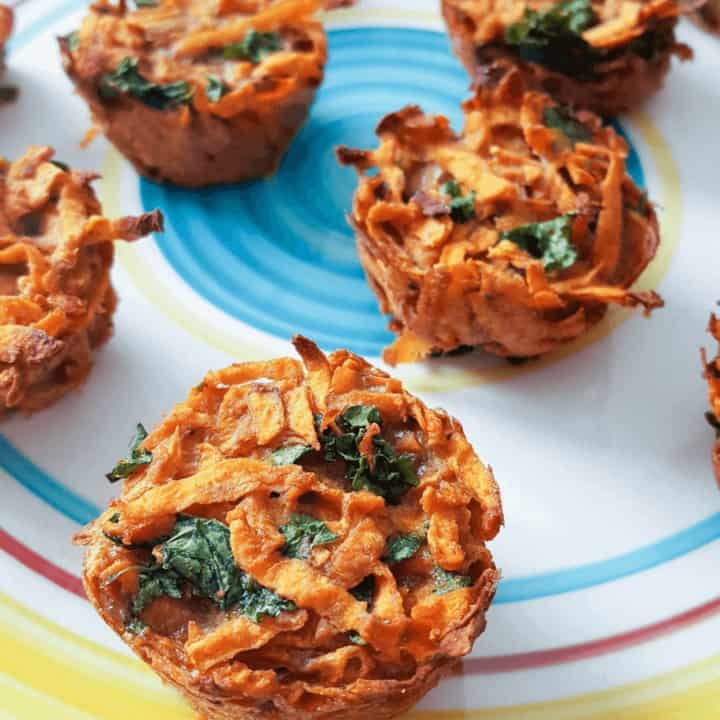 These low-fat Baked Sweet Potato Kale Tots are more than adorable! They are flavorful and nutritious and make a great THM E side dish to go with your lean protein and non-starchies! #lowfat #glutenfree #thm #thmE #healthycarbs