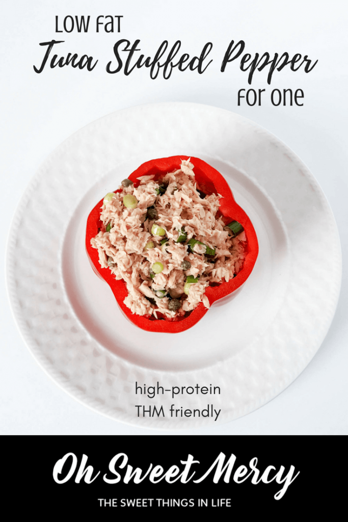 Low Fat Tuna Stuffed Pepper for One makes a perfect protein-packed meal! Make it to suit THM S, E, and FP style meals. #lowfat #highprotein #glutenfree #thm #recipes #ohsweetmercy