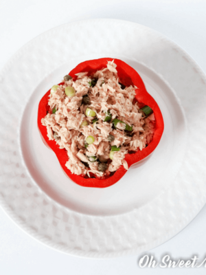 Low Fat Tuna Stuffed Pepper for One makes a perfect protein-packed meal! Make it to suit THM S, E, and FP style meals. #lowfat #highprotein #glutenfree #thm #recipes #ohsweetmercy