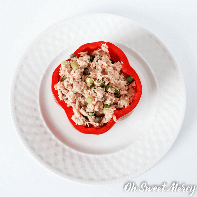 Low Fat Tuna Stuffed Pepper for One makes a perfect protein-packed meal! Make it to suit THM S, E, and FP style meals. #lowfat #highprotein #glutenfree #thm #recipes #ohsweetmercy