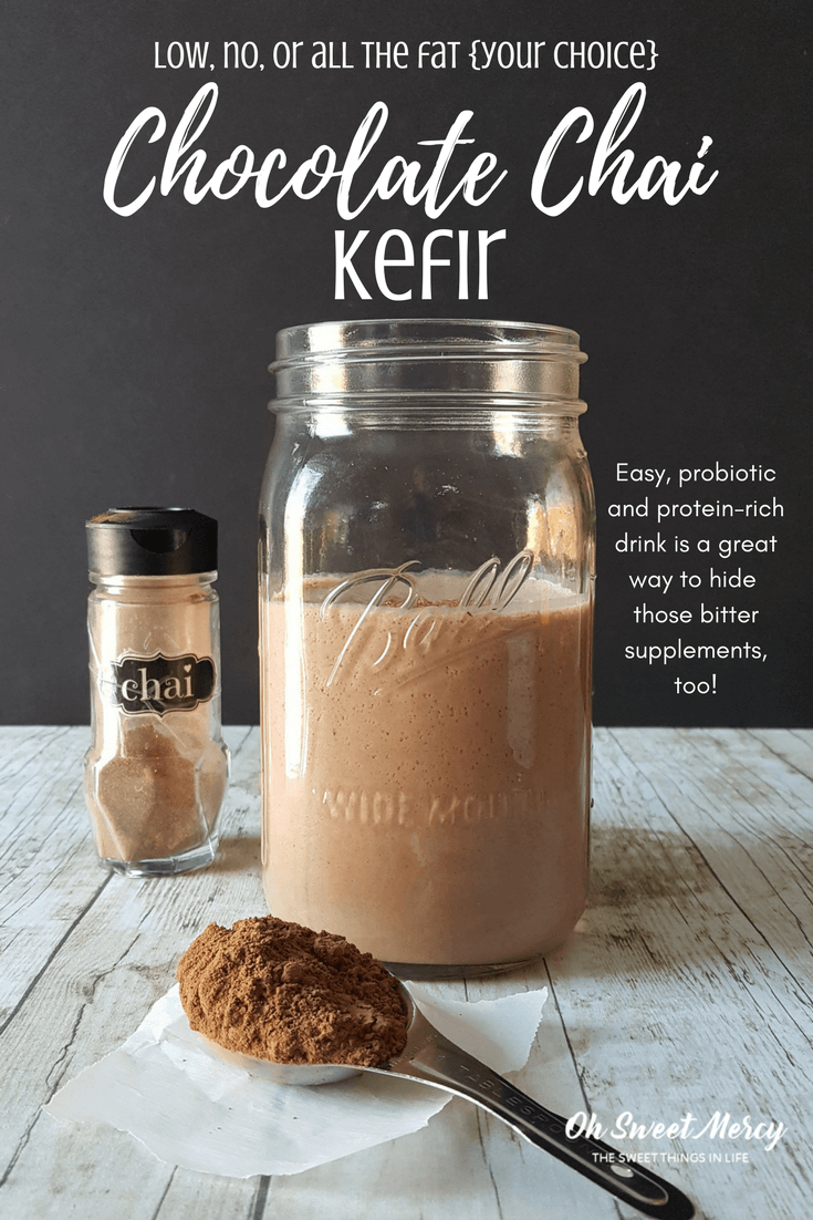 This easy Chocolate Chai Kefir is rich in probiotics and protein, sugar free, and low, no, or all the fat (your choice). Perfect for hiding bitter supplements, too! #kefir #chocolate #chai #recipes #thm