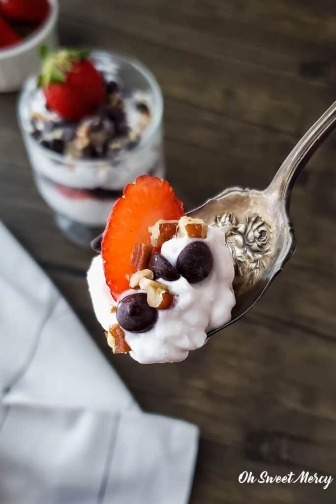 Decorative vintage spoon with Chocolate Chip Parfait on it. 