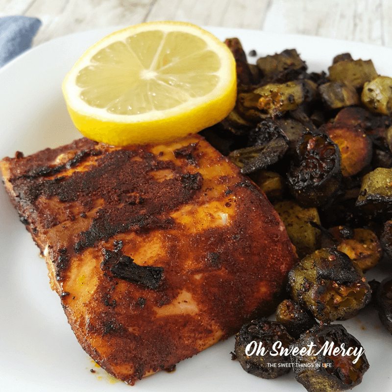 Nourish your body with this Fried Okra & Blackened Salmon! Low carb, keto, paleo, THM Deep S friendly, gluten free too.