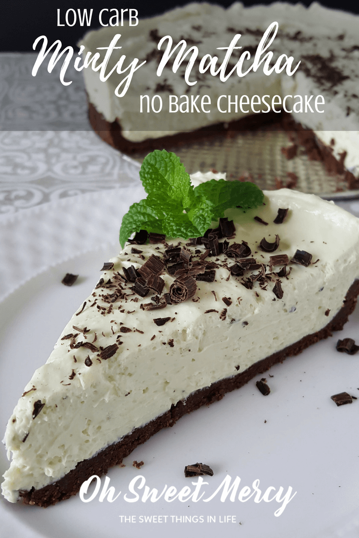 This Low Carb Minty Matcha No Bake Cheesecake uses antioxidant rich matcha tea for natural coloring.