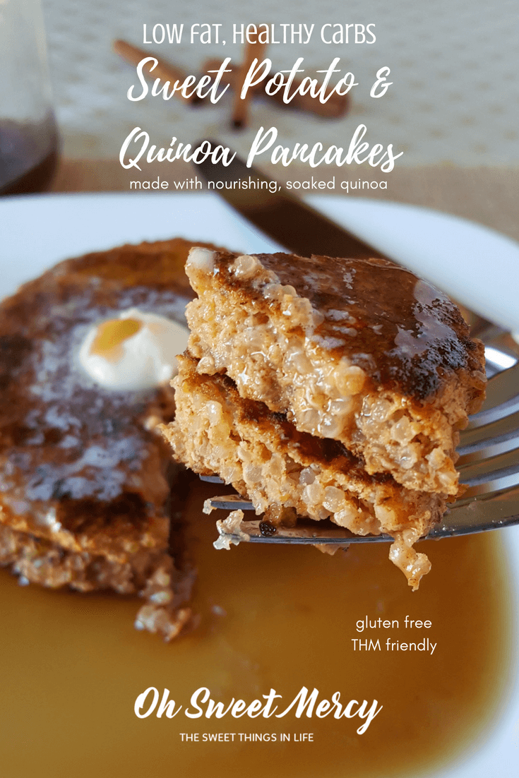 These nourishing Sweet Potato & Quinoa Pancakes are made with soaked quinoa. Low fat and healthy carbs are perfect for the Trim Healthy Mama. Gluten free too!