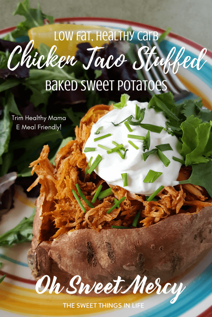 These low fat Chicken Taco Stuffed Sweet Potatoes make a perfect healthy carb option for the Trim Healthy Mama (or anyone). Simple, real food and no funky ingredients!