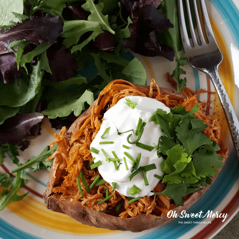 These low fat Chicken Taco Stuffed Sweet Potatoes make a perfect healthy carb option for the Trim Healthy Mama (or anyone). Simple, real food and no funky ingredients!