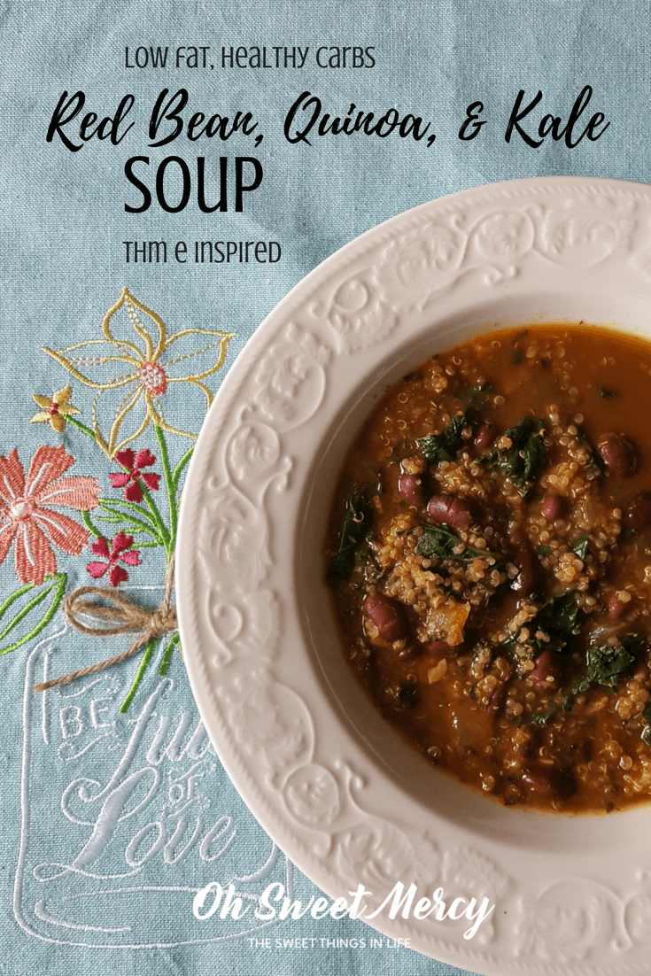 This Red Bean, Quinoa, & Kale Soup is a delicious low fat, healthy carb meal inspired by THM E guidelines! Quick, easy, and thrifty too!