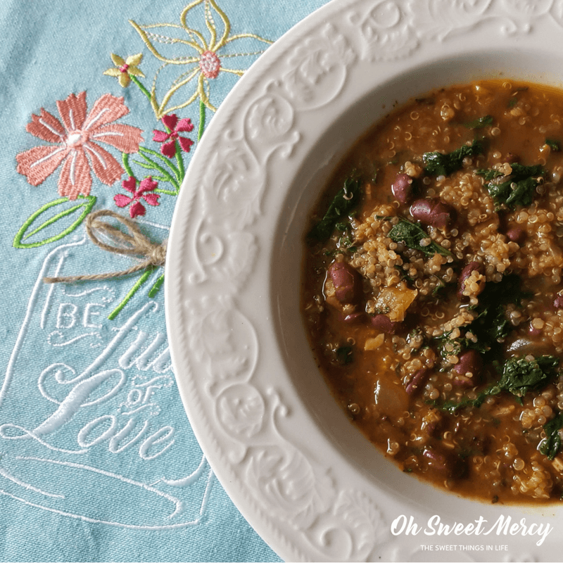 This Red Bean, Quinoa, & Kale Soup is a delicious low fat, healthy carb meal inspired by THM E guidelines! Quick, easy, and thrifty too!