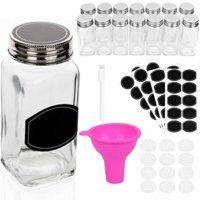 Spice Jars Bottles - 14 Square Glass Containers (4 oz) with 40 Chalkboard Labels, Chalk Marker, Stainless Steel Lid, Shaker Insert Tops and Wide Funnel - Complete Organizer Set