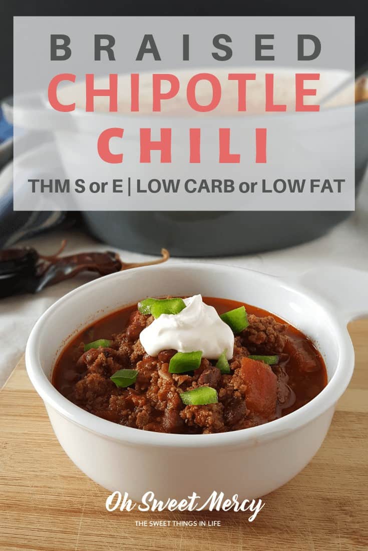 This Braised Chipotle Chili will fill your home with savory aromas and your belly with warming comfort. Make it low carb or low fat, a versatile family-pleasing dish for Trim Healthy Mama plan followers! #recipes #thm #chili #dutchoven #fallfoods #healthy #ohsweetmercy