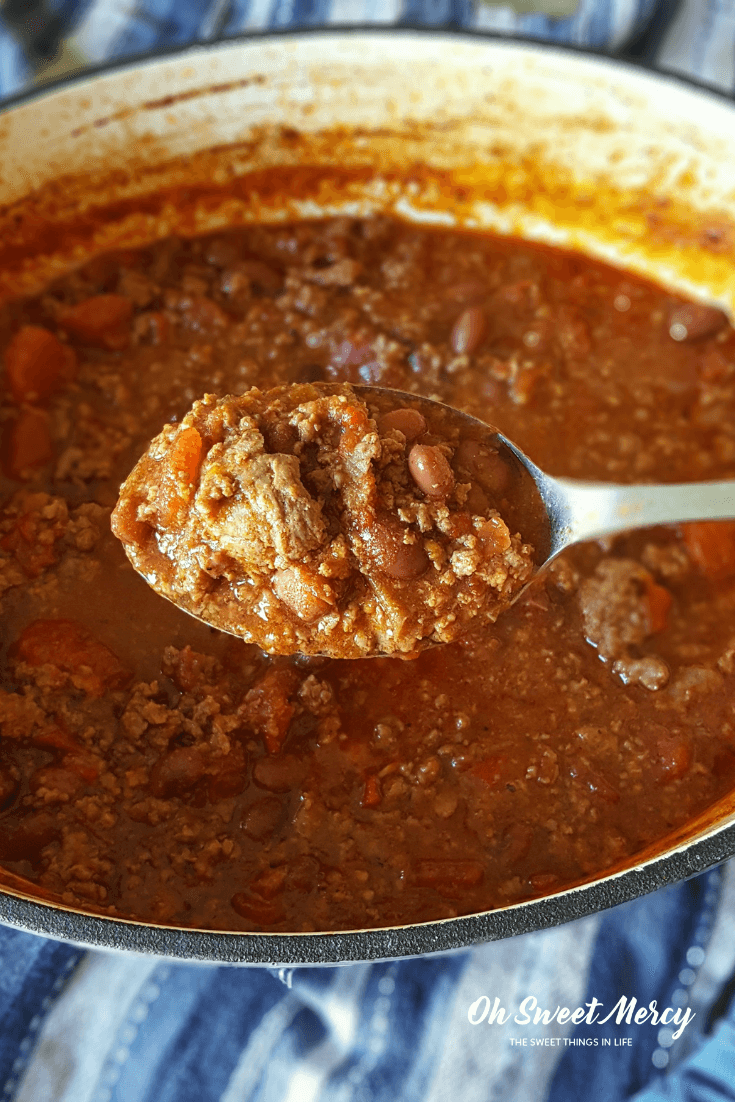 This Braised Chipotle Chili will fill your home with savory aromas and your belly with warming comfort. Make it low carb or low fat, a versatile family-pleasing dish for Trim Healthy Mama plan followers! #recipes #thm #chili #dutchoven #fallfoods #healthy #ohsweetmercy