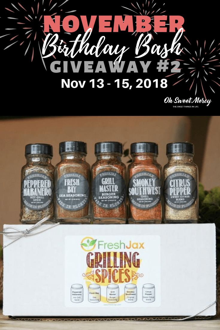 November Birthday Bash Giveaway #2 - FreshJax Spices Grilling Spices Gift Set! Spice up your meals with these handcrafted organic spices made with real food, nothing artificial! #giveaway #thm #spices #seasonings