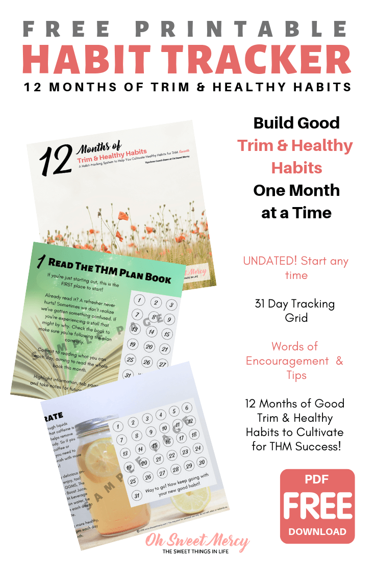 Use this FREE printable habit tracker to help you build 12 Good Trim and Healthy habits for THM success. #thm #freeprintable 