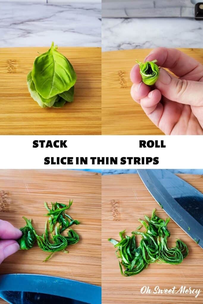 How to chiffonade basil: stack fresh basil leaves, roll, slice into thin strips