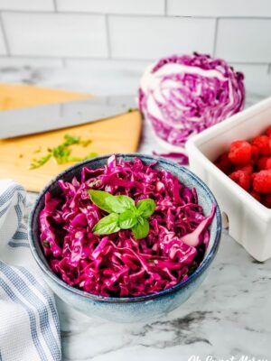 Bowl of raspberry basil coleslaw