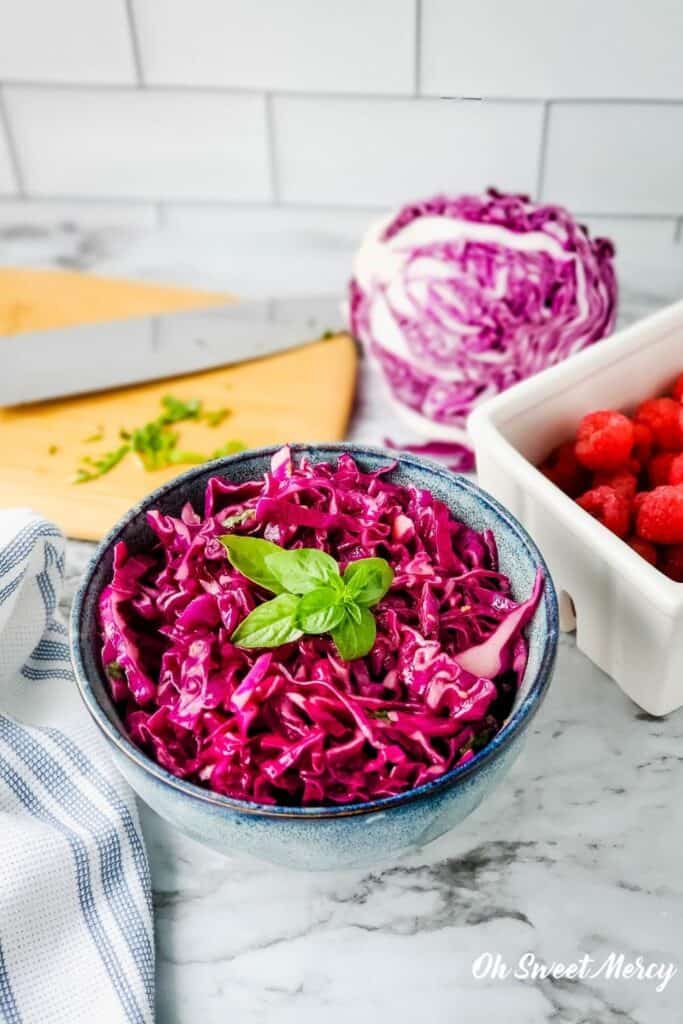 Bowl of raspberry basil coleslaw