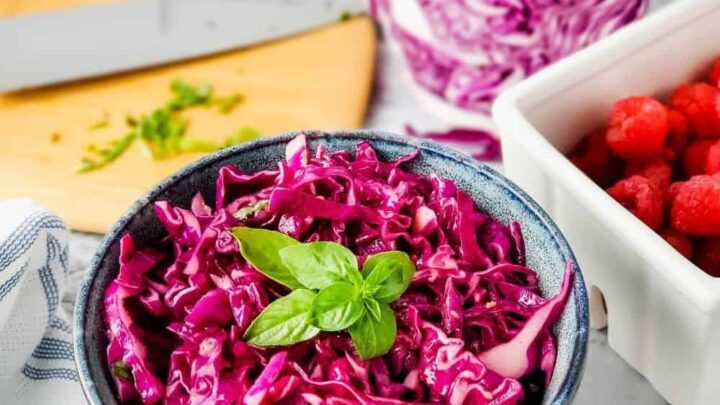 Bowl of raspberry basil coleslaw